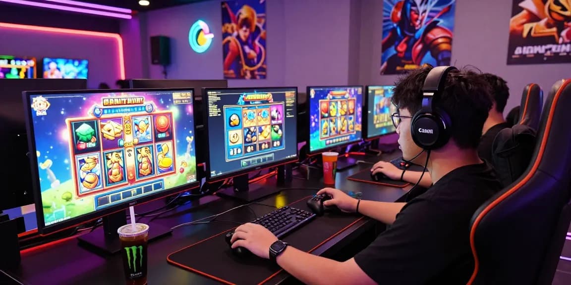 Gamer menikmati pengalaman slot gacor dengan berbagai permainan di layar monitor.