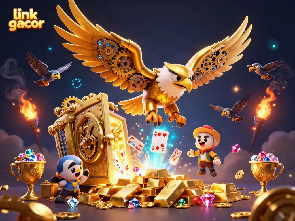 Experience exhilarating games with link gacor featuring holographic cards and treasures in a dynamic casino scene.