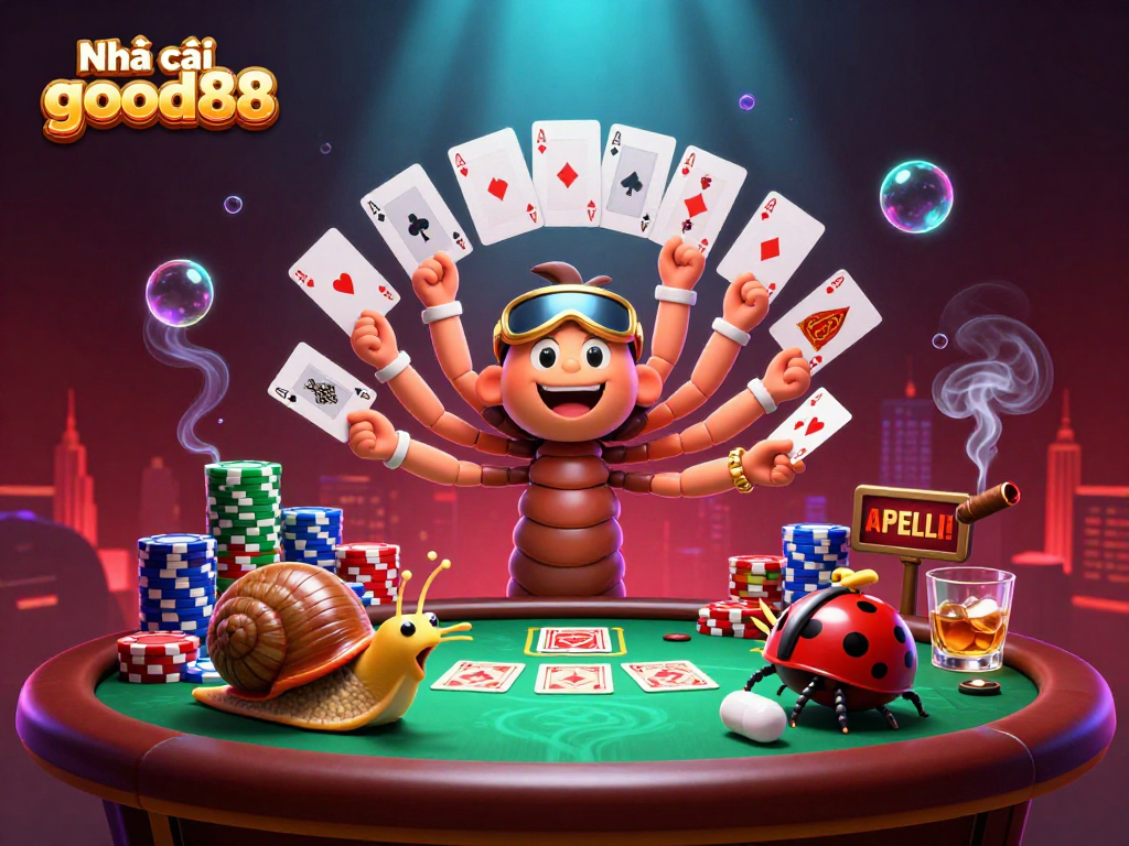 Engage with fun at Nhà cái good88 featuring a vibrant 3D casino scene with unique characters and exciting card games.