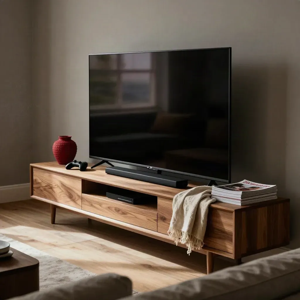 Grote tv met soundbar op eiken console in een sfeervolle woonkamer met zachte lichtval.