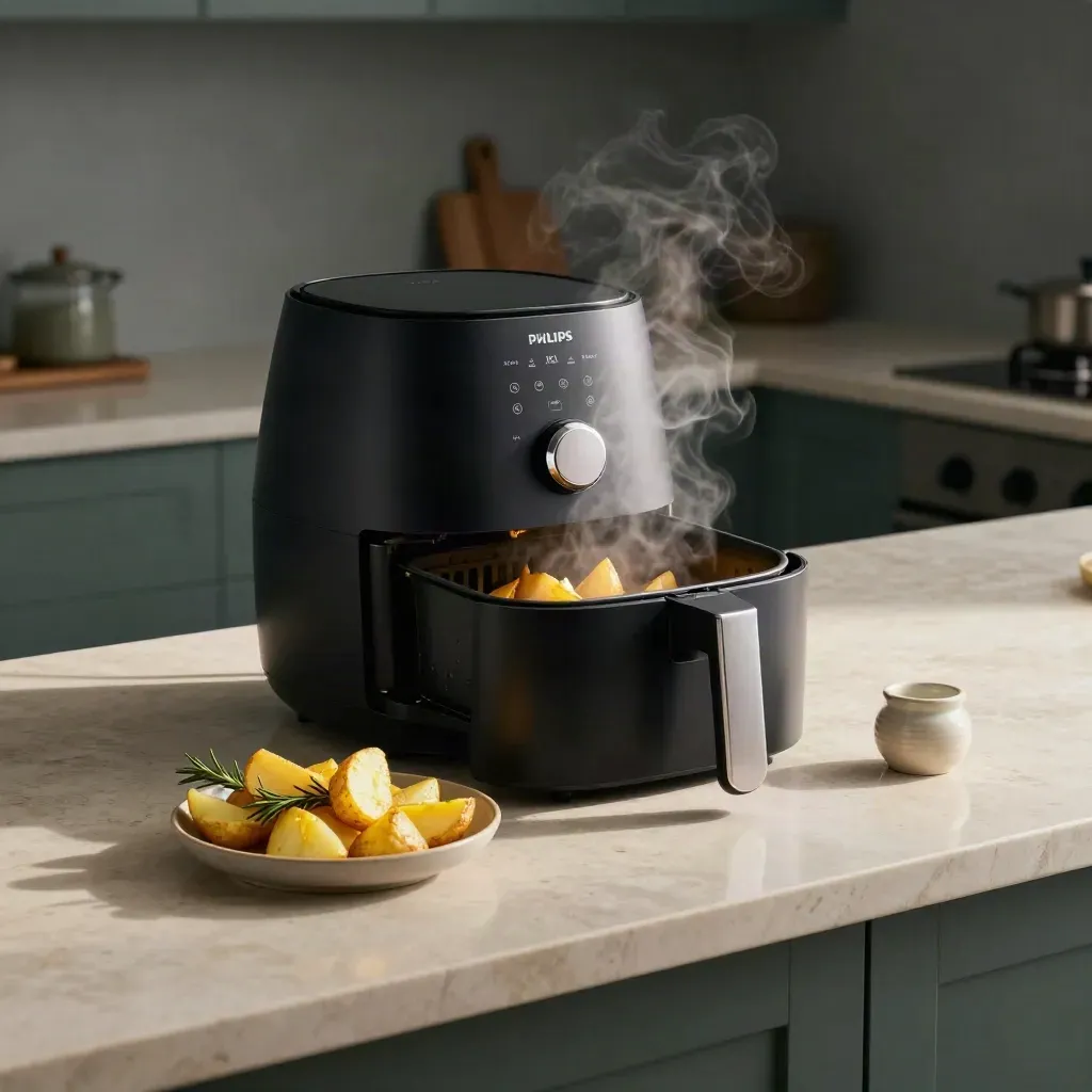 Matzwarte airfryer met open mand, aardappelwedges, rozemarijn en zout op keukenblad