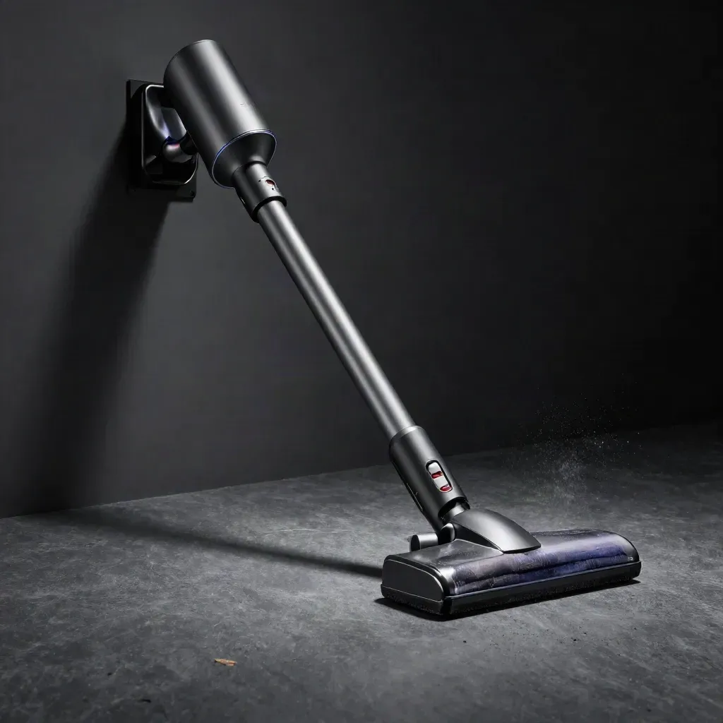 Grafietkleurige Dyson-stofzuiger zweeft los van de dock op donkere leisteen met stofdeeltjes.
