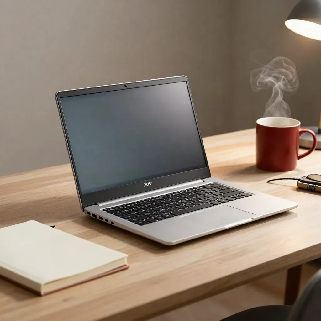 Open laptop op houten bureau met mok, notebook en opladekabel in warm daglicht