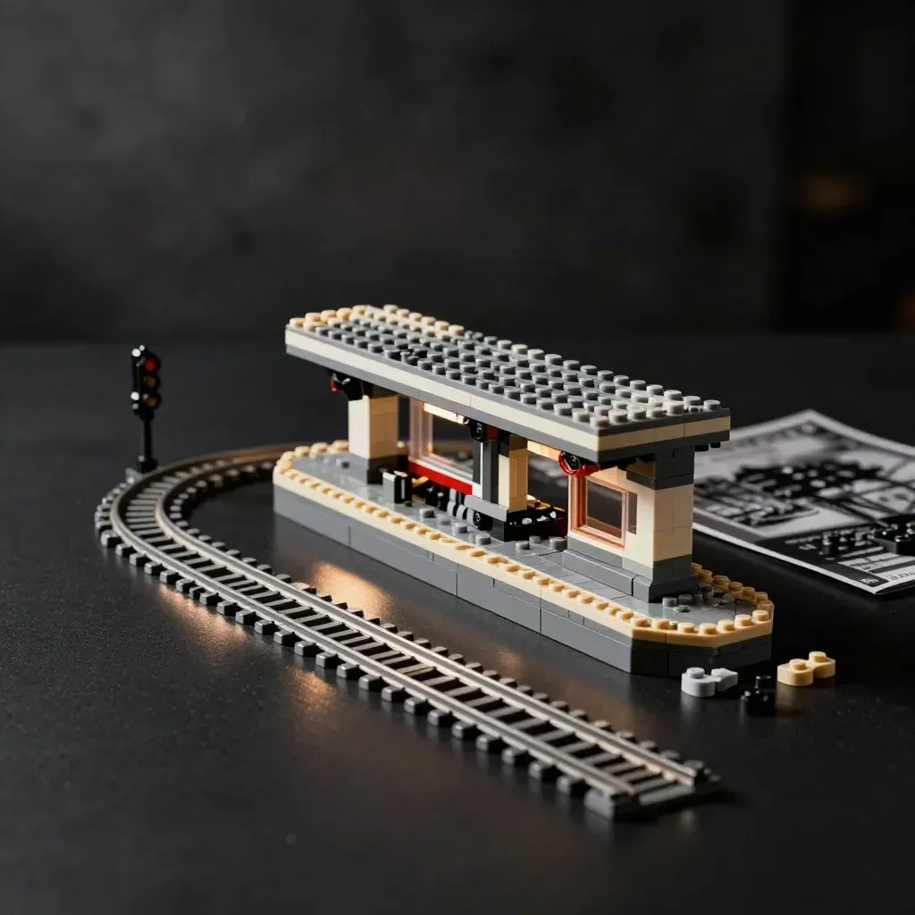 Halfgebouwd Lego-treinstation met spoor, perronstukken en seinpaal op donkere tafel