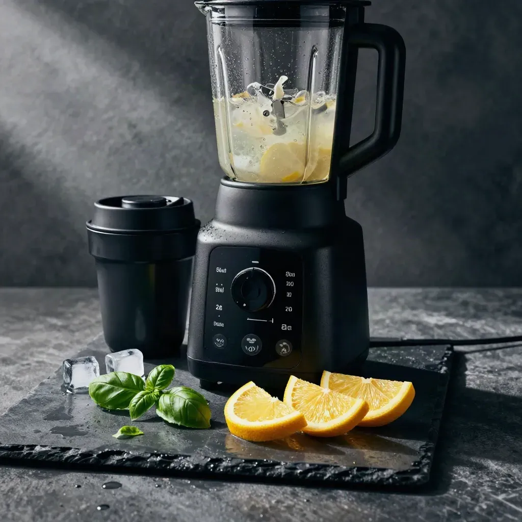 Close-up van een zwarte blender met ijs, basilicum en gele fruitschijfjes op natte steen.