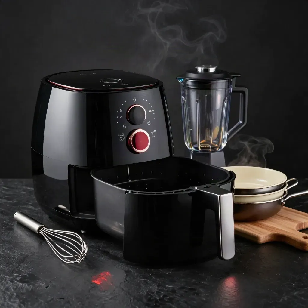 Keukenactie met airfryer, blender, pannen, snijplank en garde in dramatisch licht.