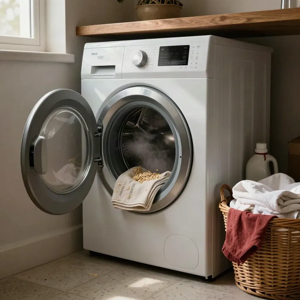 Bosch wasmachine in een wasruimte met handdoeken, mand, wasmiddel en lichte stoom.