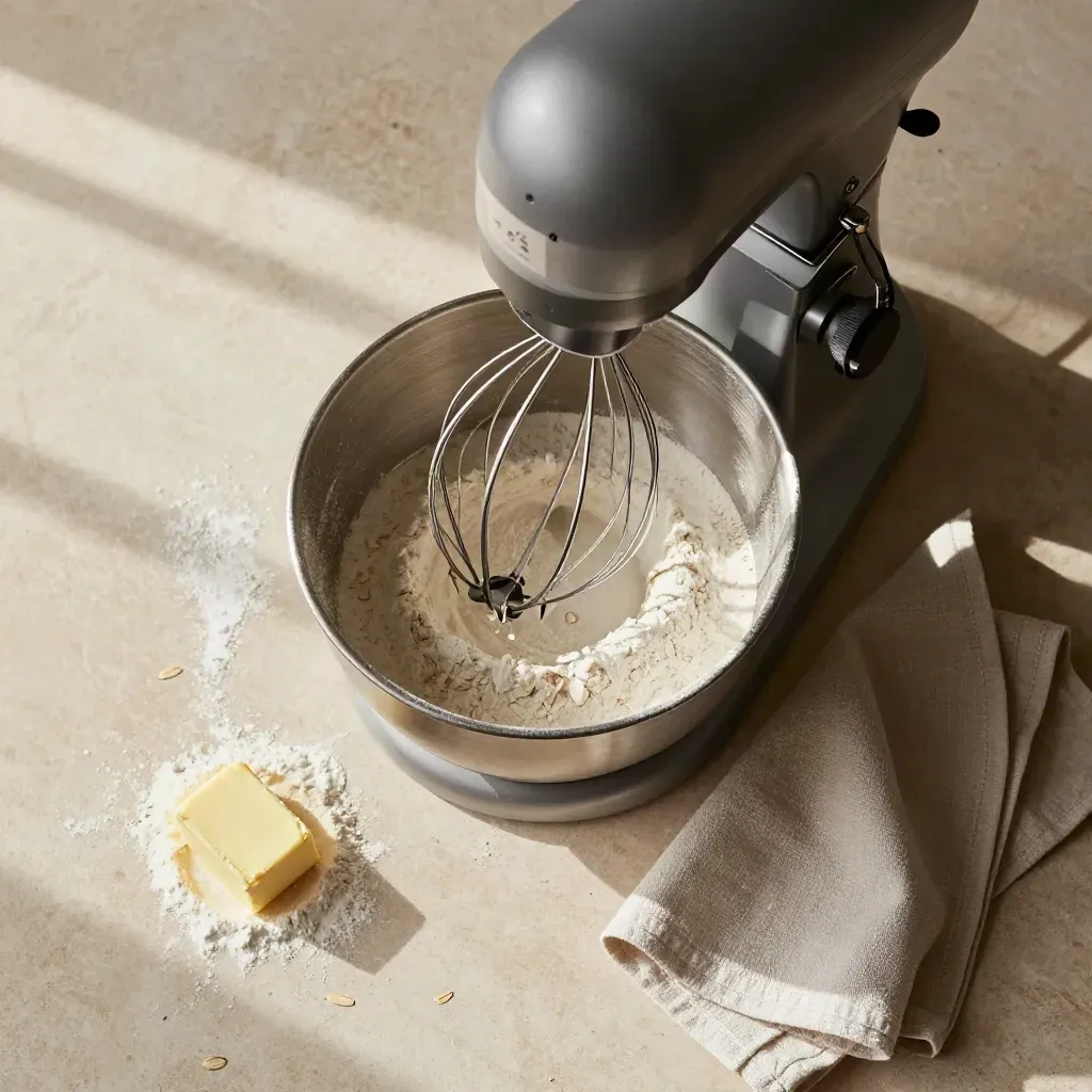 Bovenaanzicht van een compacte mixer met kom, bloem, boter en theedoek op steen.