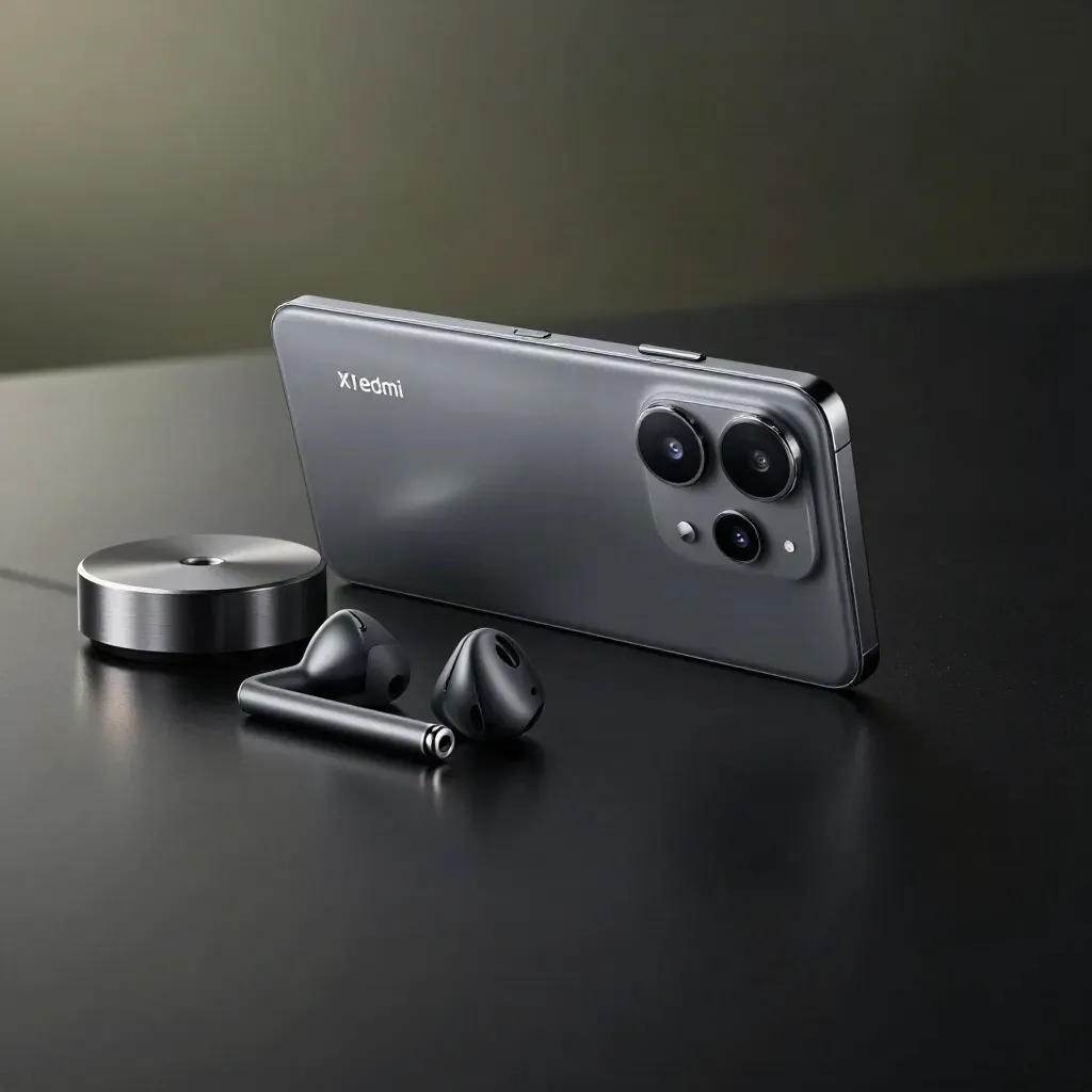 Dramatische close-up van een smartphone met oordopjes en laadpuck op donker metaal.