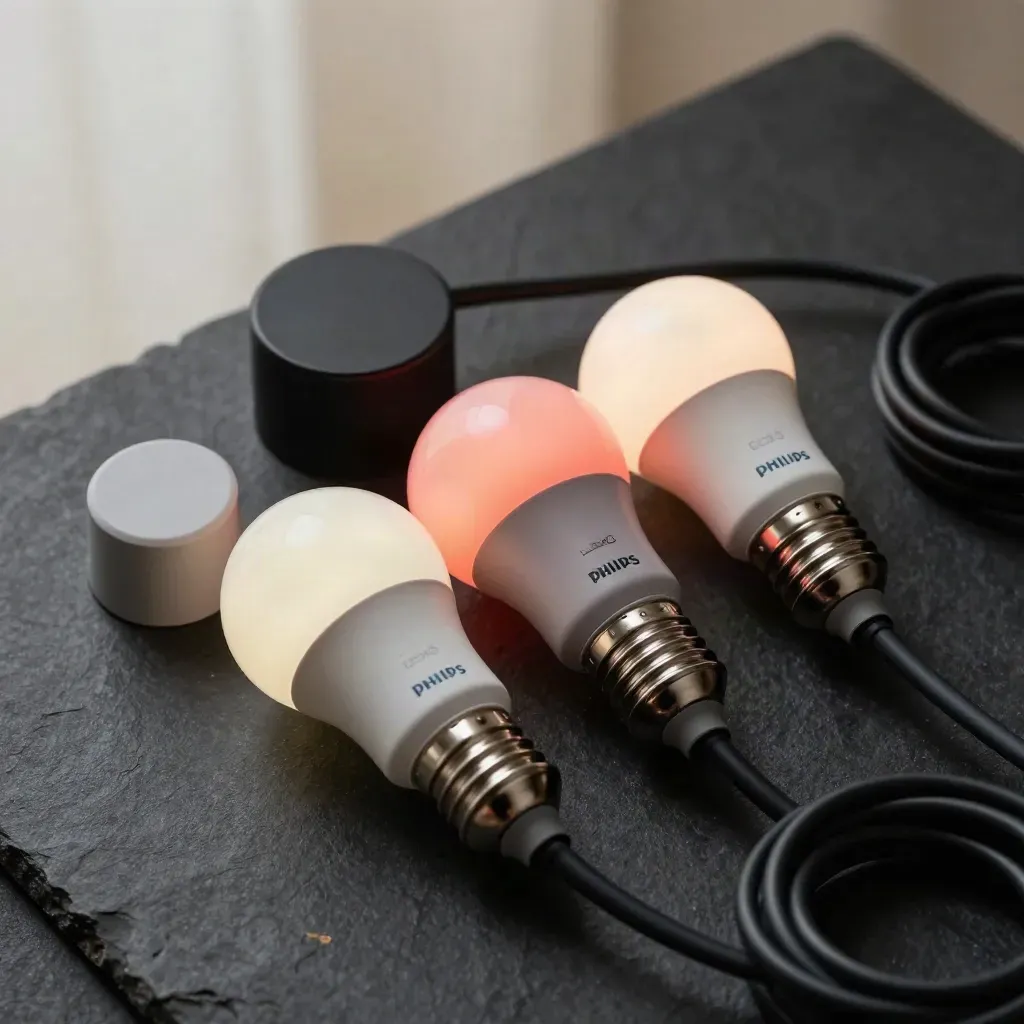 Drie Hue-lampen met bridge en kabels op matzwart, in een strakke diagonale flatlay.