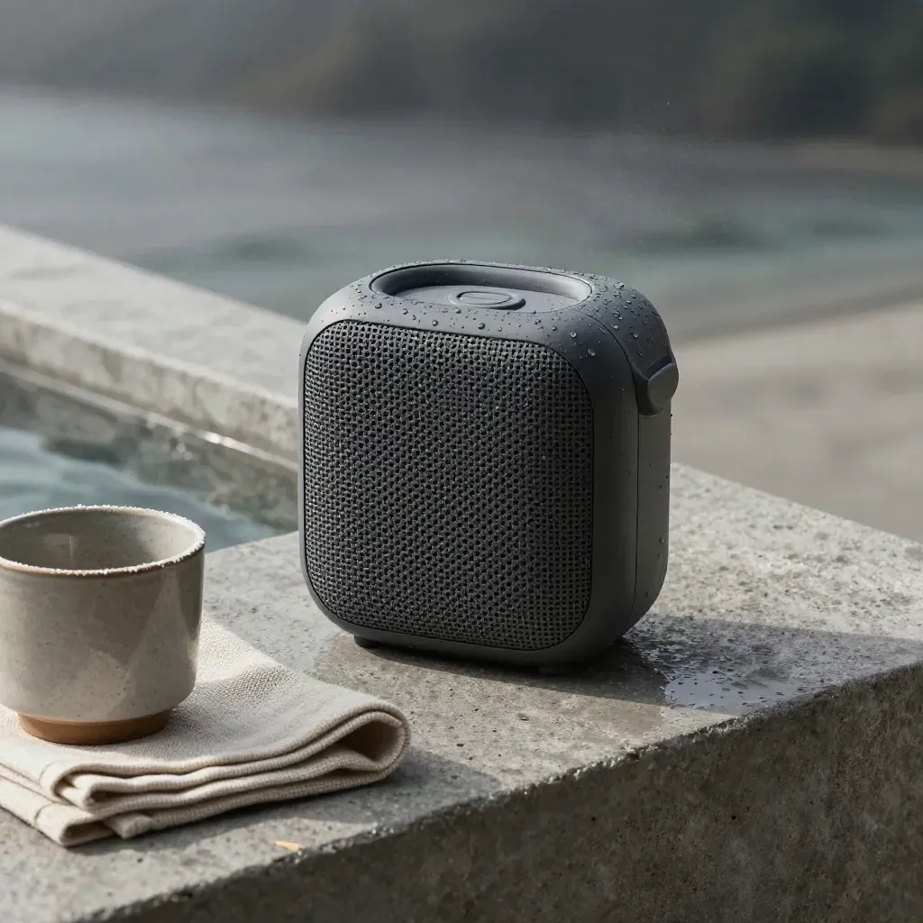 Waterdichte speaker op betonnen terras met waterdruppels, linnen doek en keramische beker