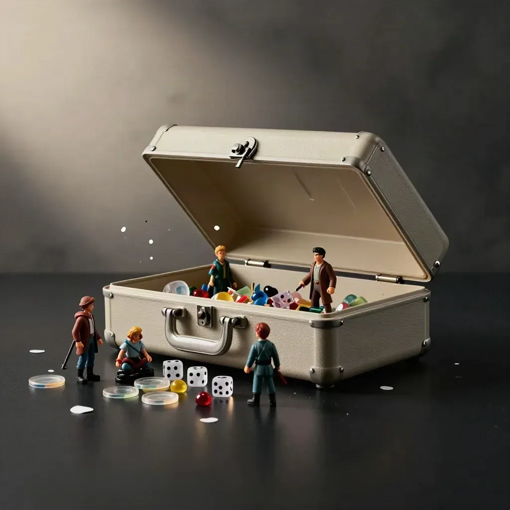 Open speelgoedkoffer met vier figuren en spelstukken op donkere studiotafel.