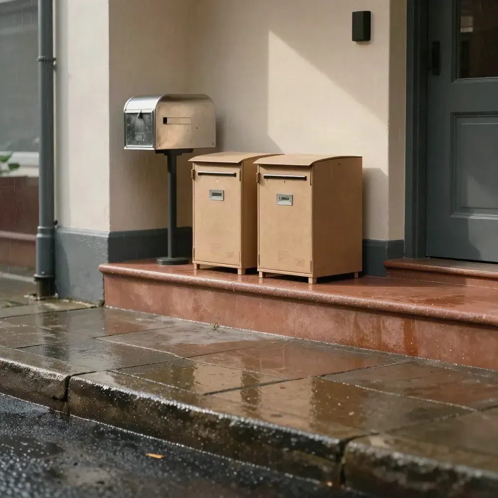 Nat portiek met pakketdozen, stalen brievenbus en terracotta treden in zacht regenlicht.