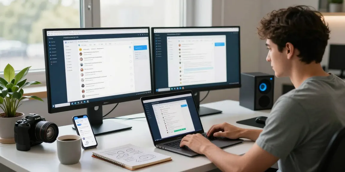 Developer utilizing the Telegram Web Version on multiple screens in a modern workspace, showcasing seamless communication.