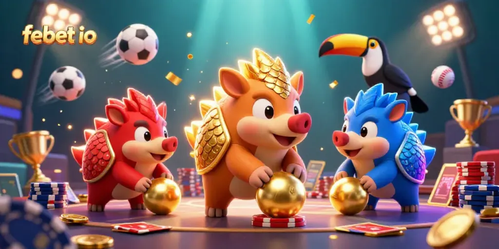 Experience exciting gameplay at febet io, featuring animated pangolins competing with sports balls and vibrant casino elements.