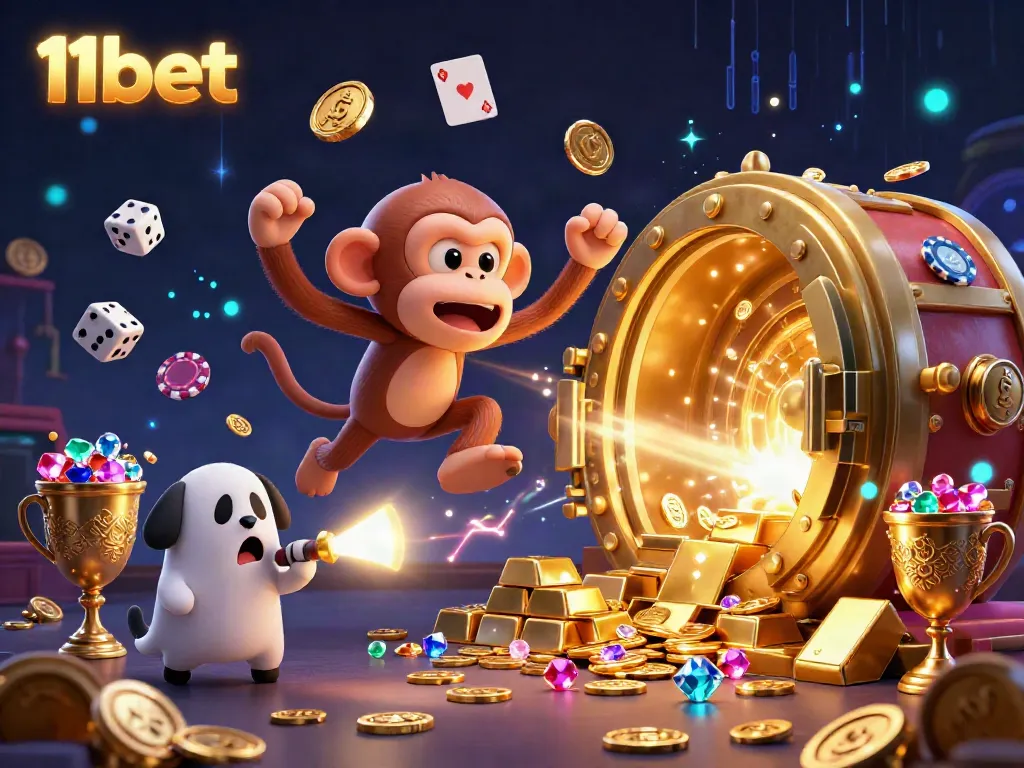 Engaging 3D illustration of 11bet's playful poltergeist monkey juggling casino elements in a vibrant haunted setting.