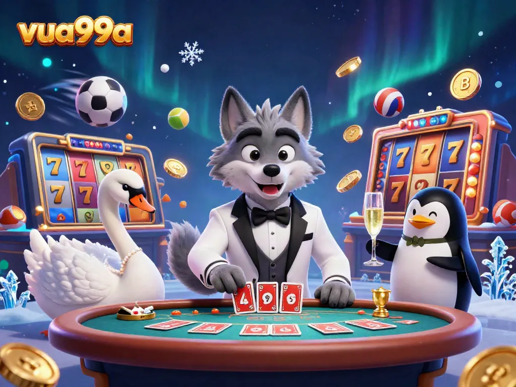 Engaging scene with vua99a logo featuring animated wolf dealer and swan card dealer at baccarat.