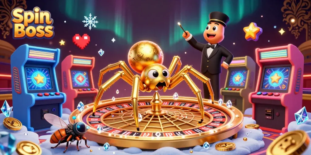 Spin Boss showcases a 3D scene of a golden spider and centipede croupier amidst lively casino elements.